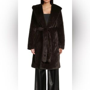 Luxurious Rebecca Minkoff Dark Brown Faux Fur Coat with Hood Size Medium